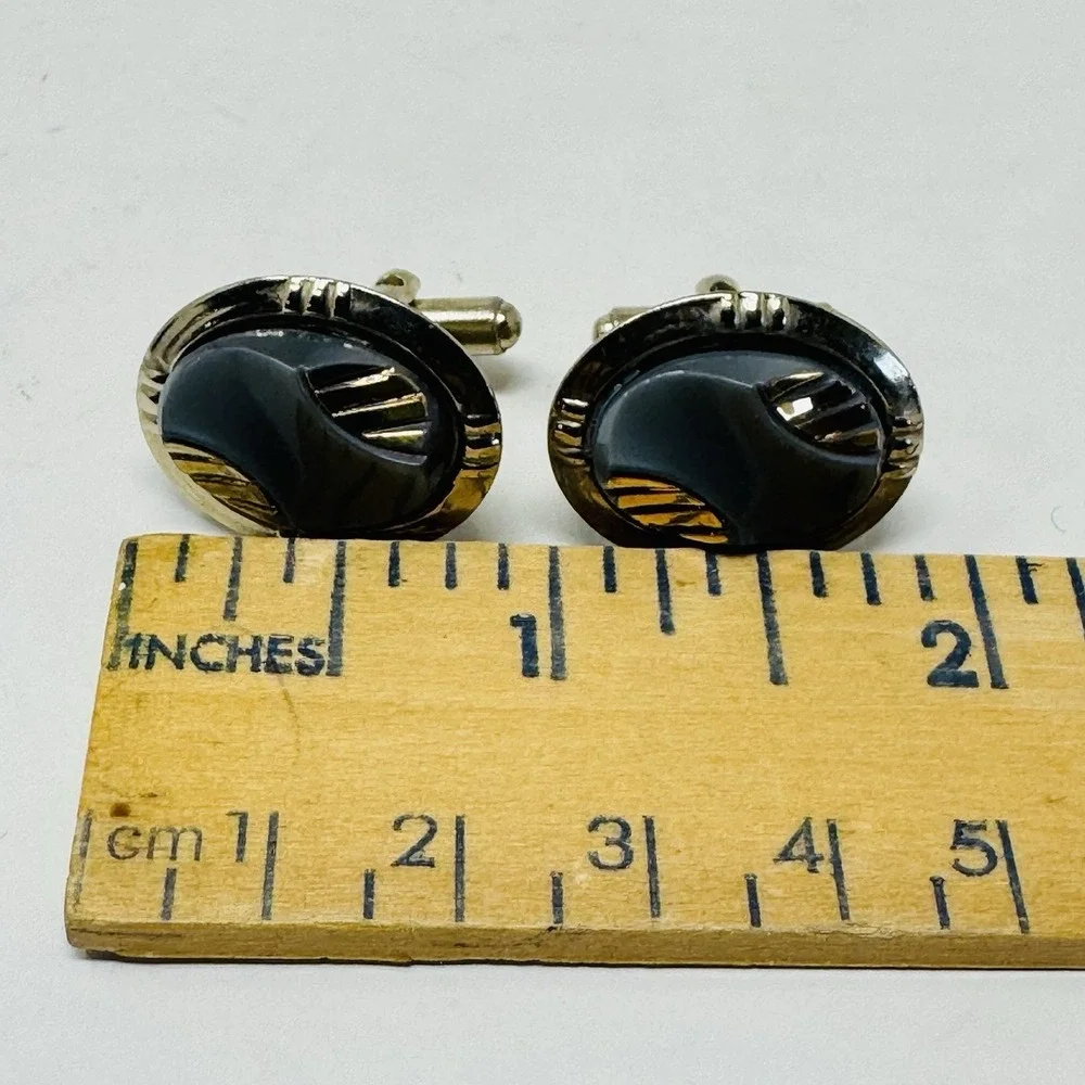 Vintage gold-tone &‎ Gray Men's Oval Cufflinks Classic Charity Elegant Black Tie